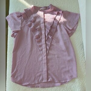 Women’s Pink Ruffle Blouse – Short Sleeve, Button Front, Elegant Top, Size M​